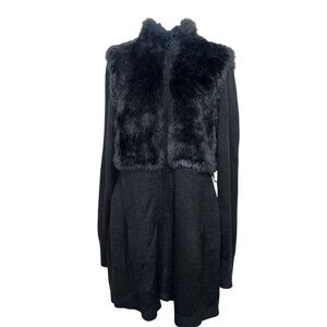 Tahari Wool Faux Fur Full Snap Long Black Mixed Media Sweater Shacket Size Small
